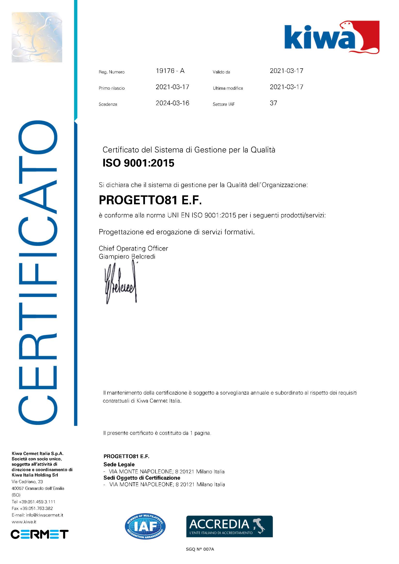 Certificato ISO 9001 2015